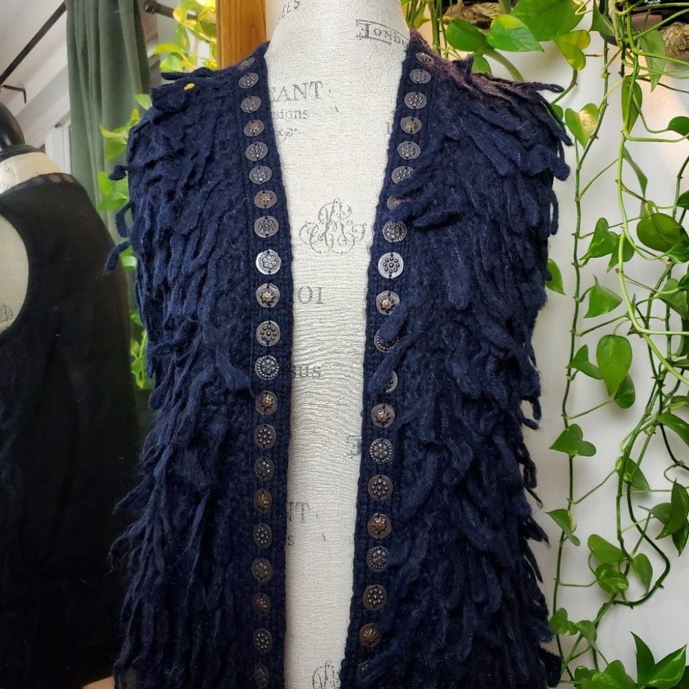 SCOTCH & SODA | Bronze Coin Hem Indigo Blue Fringe Sweater Vest (Size S) - Picture 2 of 10